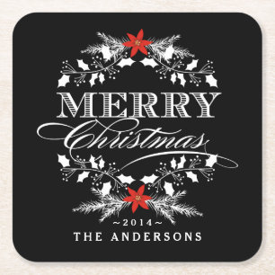 Frohe Weihnachts-Chalkboard Holly Wreath Typografi Rechteckiger Pappuntersetzer