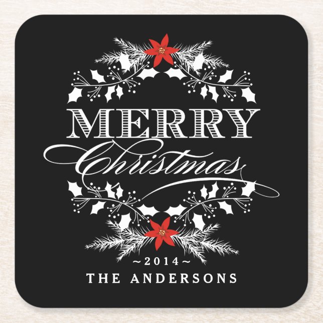 Frohe Weihnachts-Chalkboard Holly Wreath Typografi Rechteckiger Pappuntersetzer (Vorderseite)