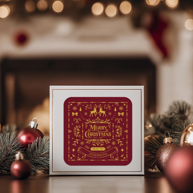 Frohe Weihnachts Classic Nordic Red Quadratischer Aufkleber (Merry Christmas Red & Gold Imitation Square Sticker)