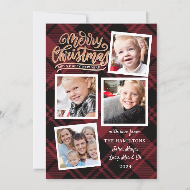 Frohe Weihnachts Collage Red Kariert Foto Card Einladung (Vorderseite)