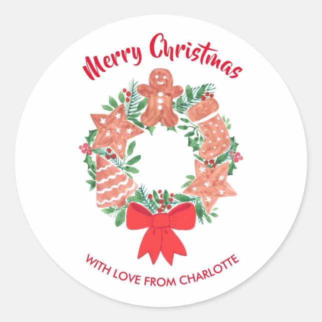 Frohe Weihnachts-Cookie Wreath-Individuelle Name Runder Aufkleber (Vorderseite)