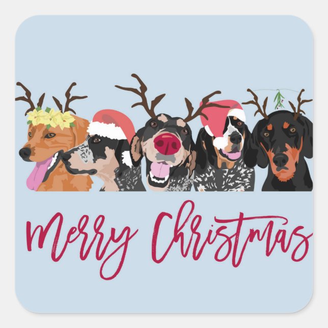 Frohe Weihnachts-Coonhound-Kopf-Aufkleber Quadratischer Aufkleber (Vorderseite)