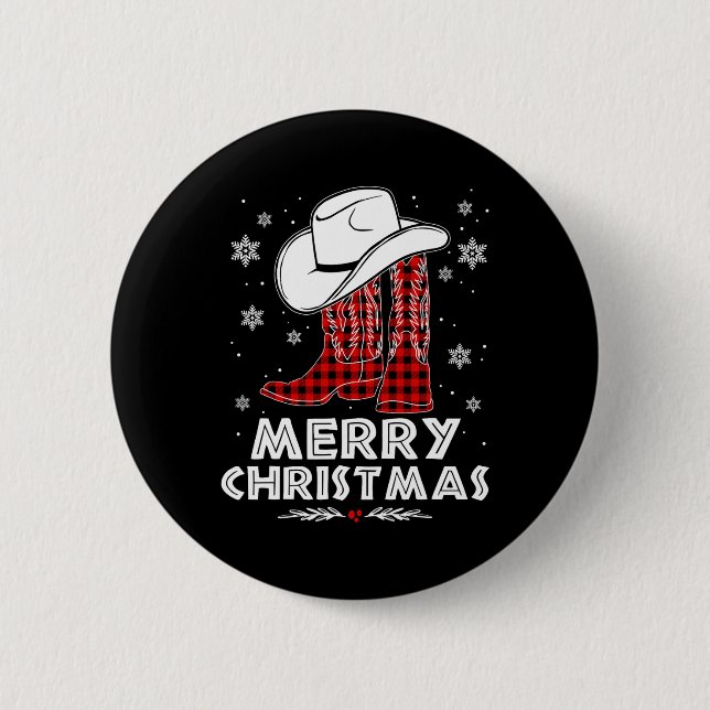 Frohe Weihnachts Cowboy Boots Red Buffalo Kariert  Button (Vorderseite)