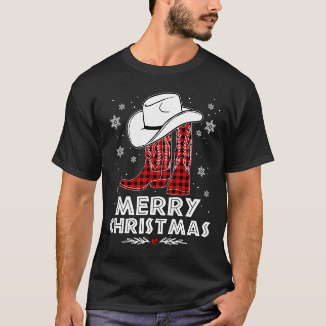 Frohe Weihnachts Cowboy Boots Red Buffalo Kariert  T-Shirt (Vorderseite)