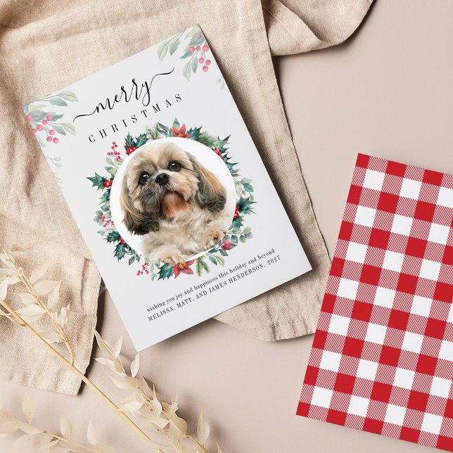 Frohe Weihnachts Custom Dog Foto Botanisch Mitteilungskarte (Elegant Pet Photo Gingham Plaid Christmas Greetings Card)