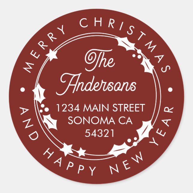 Frohe Weihnachts Custom Script Adresse Wreath Red Runder Aufkleber (Vorderseite)