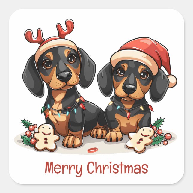 Frohe Weihnachts-Dackel Hunde Quadratischer Aufkleber (Vorderseite)