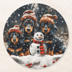 Frohe Weihnachts-Dackel Hunde Snowman Runder Pappuntersetzer