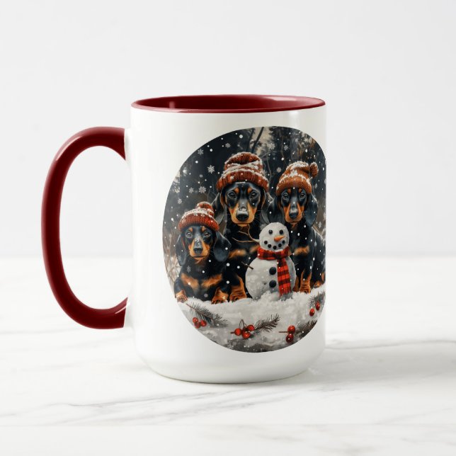 Frohe Weihnachts-Dackel Hunde Snowman Tasse (Links)