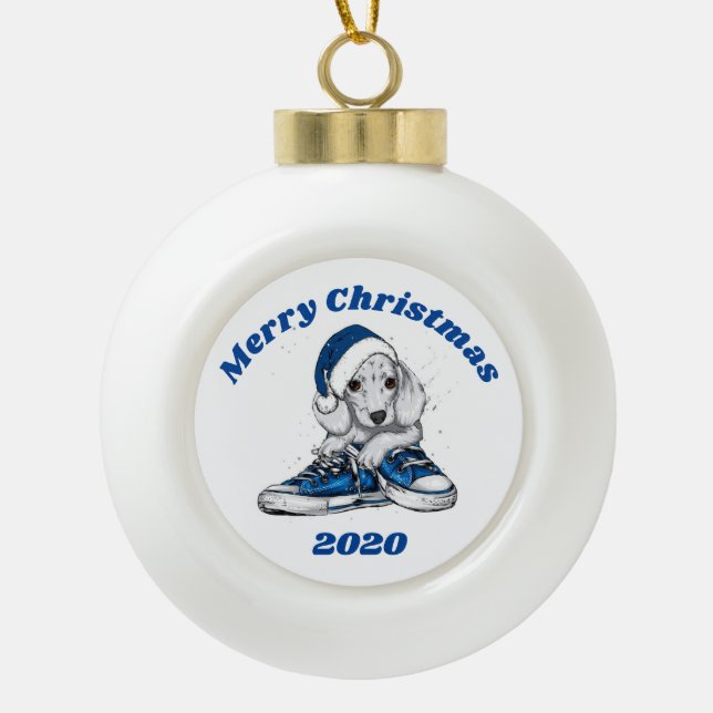 Frohe Weihnachts-Dackel Welpe Keramik Kugel-Ornament (Vorderseite)