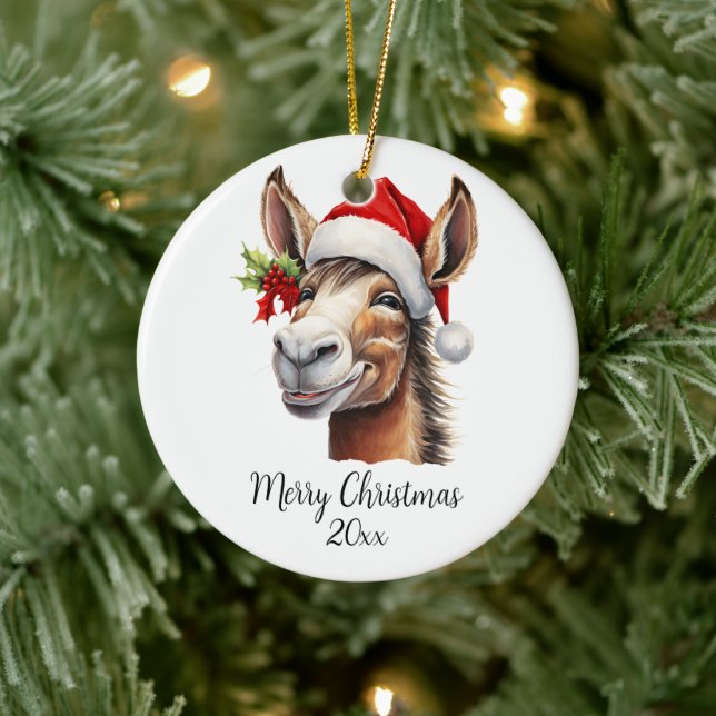 Frohe Weihnachts-Donkey in Weihnachtsmannmütze Hol Keramik Ornament (Baum)