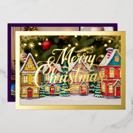 Frohe Weihnachts-Dorfhäuser Lila Gold Folien Feiertagskarte