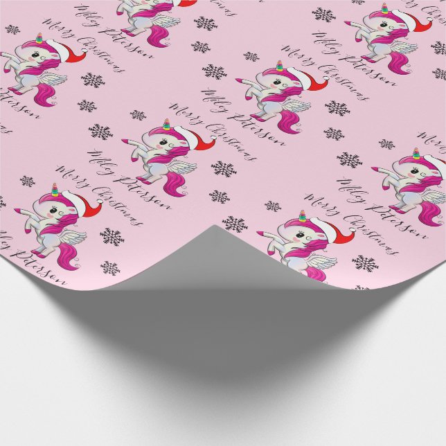 Frohe Weihnachts-Einhorn & Schneeflocken personali Geschenkpapier (Ecke)