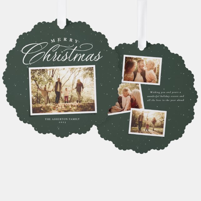 Frohe Weihnachts elegante vier Foto Collage grün Ornament Karte (Vorderseite/Rückseite)