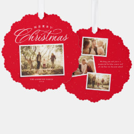 Frohe Weihnachts elegante vier Foto Collage Rot Ornament Karte