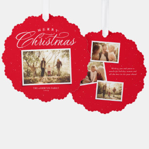 Frohe Weihnachts elegante vier Foto Collage Rot Ornament Karte