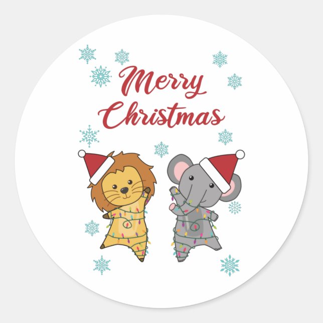 Frohe Weihnachts Elephant Lion Snow Winter Zoo Cla Runder Aufkleber (Vorderseite)