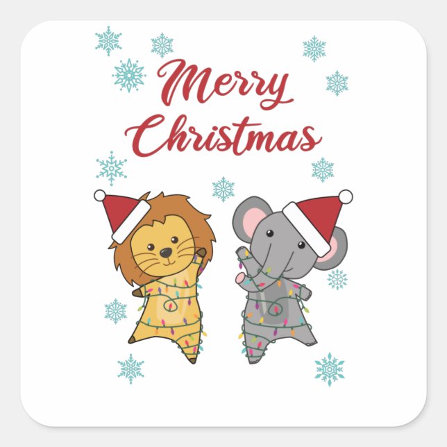 Frohe Weihnachts Elephant Lion Snow Winter Zoo Quadratischer Aufkleber (Vorderseite)