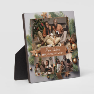 Frohe Weihnachts-Familie Foto Evergreen Gold Ribbo Fotoplatte