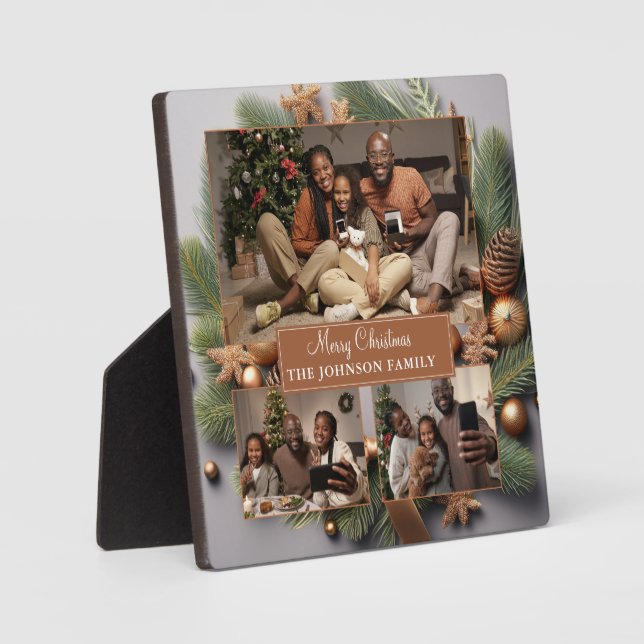 Frohe Weihnachts-Familie Foto Evergreen Gold Ribbo Fotoplatte (Vorderseite)