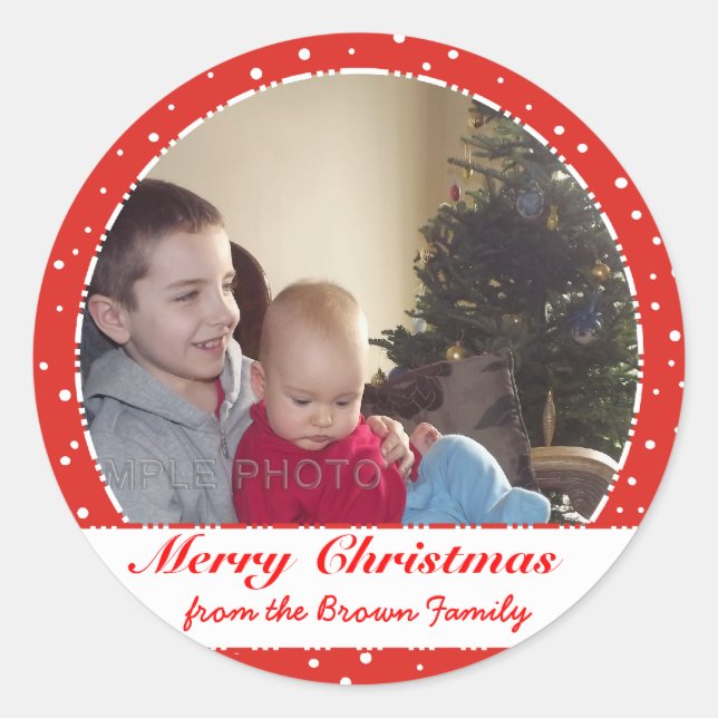 Frohe Weihnachts Familie Foto Red Circle Stickers (Vorderseite)