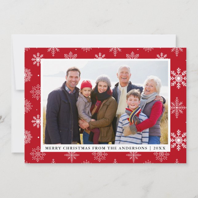 Frohe Weihnachts Familie Foto Snowflakes Rote Kart Einladung (Vorderseite)
