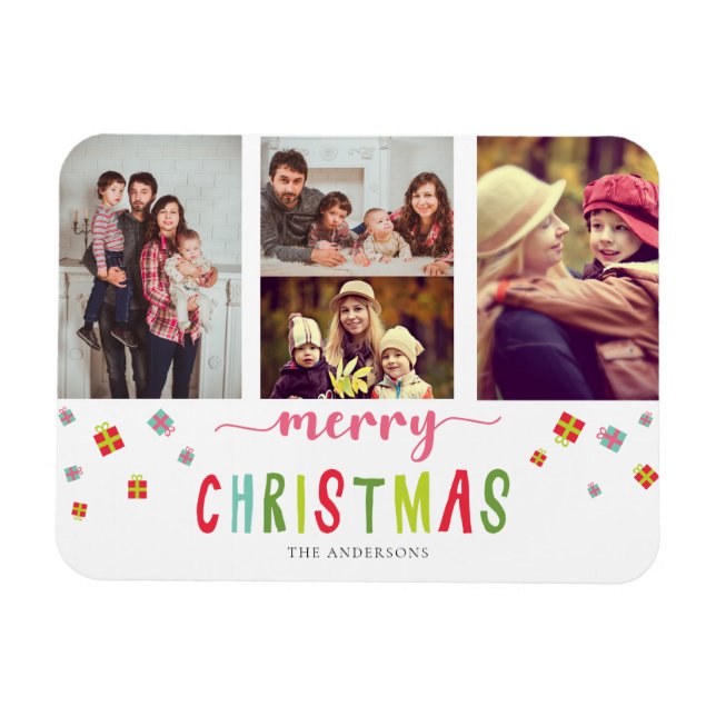Frohe Weihnachts-Farbige 3-Foto Collage Geschenkbo Magnet (Horizontal)