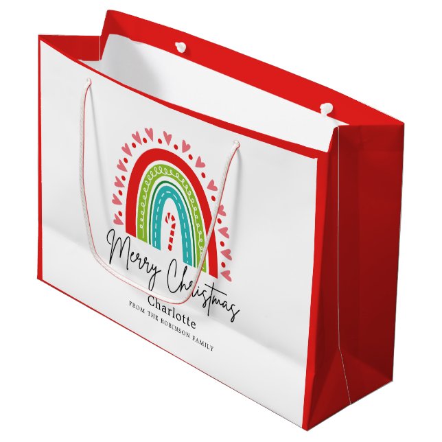 Frohe Weihnachts-Festival Regenbogen Candy Cane He Große Geschenktüte (Vorderseite Schrägansicht)
