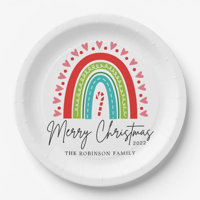 Frohe Weihnachts-Festival Regenbogen Candy Cane He Pappteller (Vorderseite)