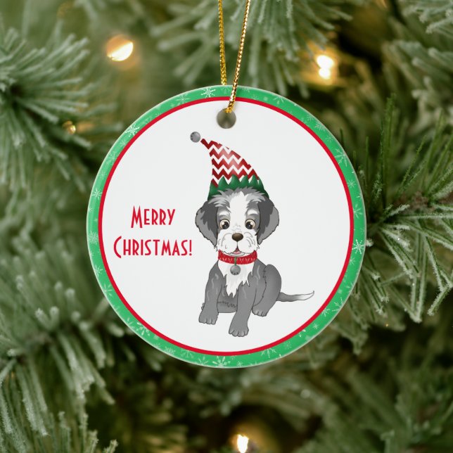 Frohe Weihnachts festliche Schnauzer Welpe Keramik Ornament (Baum)