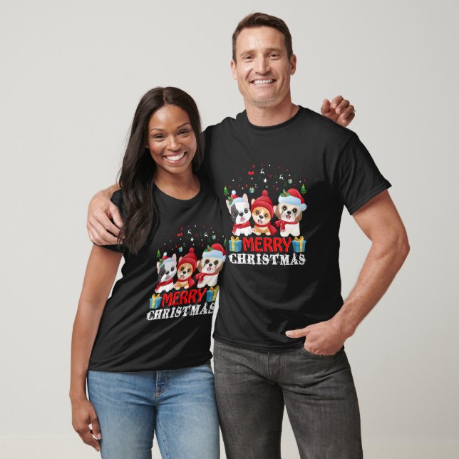 Frohe Weihnachts festliche Welpentrio T-Shirt (Unisex)