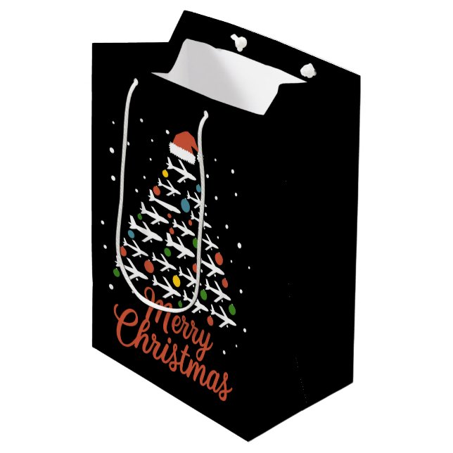 Frohe Weihnachts-Flugzeug Tree Urlaub Mittlere Geschenktüte (Vorderseite Schrägansicht)