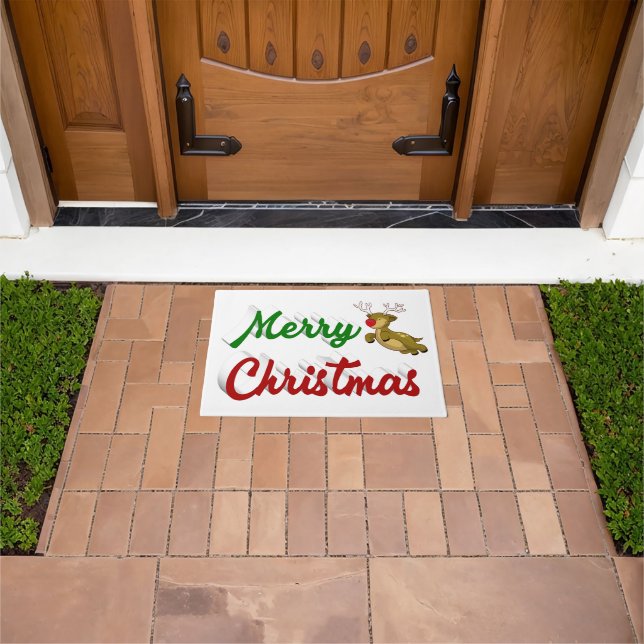 Frohe Weihnachts-Flying Rentier Rot-Grün-Skript Fußmatte (Außenbereich)