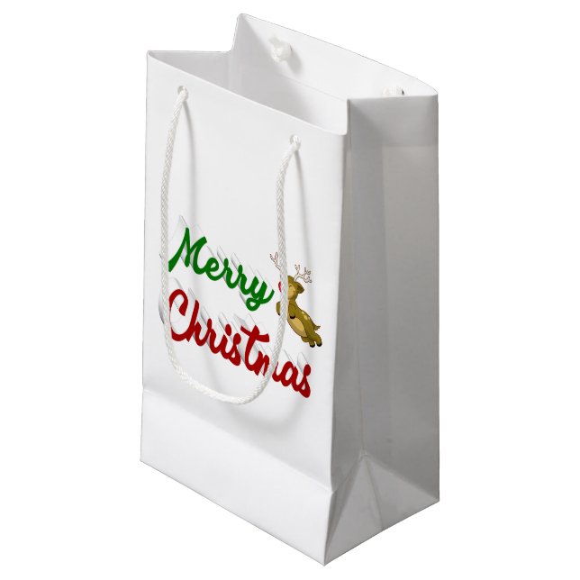 Frohe Weihnachts-Flying Rentier Rot-Grün-Skript Kleine Geschenktüte (Vorderseite Schrägansicht)
