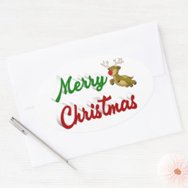 Frohe Weihnachts-Flying Rentier Rot-Grün-Skript Ovaler Aufkleber