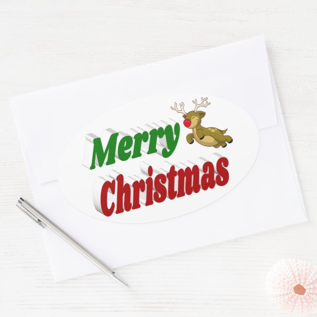 Frohe Weihnachts-Flying Rentier-Typografie Ovaler Aufkleber (Umschlag)