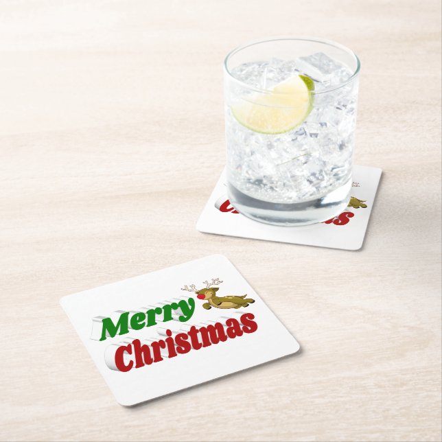 Frohe Weihnachts-Flying Rentier-Typografie Rechteckiger Pappuntersetzer (Vor Ort)