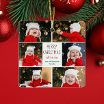 Frohe Weihnachts Foto Collage Beautiful Custom Keramikornament<br><div class="desc">Dieses niedliche,  moderne Weihnachtsschmuck besticht durch eine elegante Anordnung von 6 Fotos aus der Familie auf weißem Hintergrund mit hübscher rot-grüner Typografie. Dieses wunderschöne Foto-Dekor mit Kinderfotografie umgibt Ihre festliche Botschaft und den Familiennamen in Grün.</div>