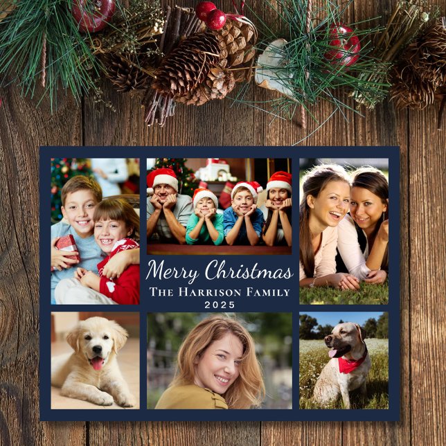 Frohe Weihnachts Foto Collage Blue Feiertagskarte (Share the love and warmth of the season with your personalized photo Christmas card)