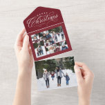Frohe Weihnachts-Foto Collage Maroon rot dreifach All In One Einladung<br><div class="desc">Schicken Sie uns einen freundlichen Weihnachtsgrüß mit dieser einzigartigen Urlaubsfotokarte. Mit dem eleganten Sprichwort "Frohe Weihnachten" und einer Kollektion von sieben Fotos bietet dieses Design auch einen abnehmbaren Bereich mit einem Single-Foto. Schließen Sie ein Familienupdate auf der Rückseite an. Das Beste ist, dass es gefaltet und ohne Umschlag verschickt werden...</div>