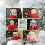 Frohe Weihnachts Foto Collage Niedliche Custom Ges Ornament Aus Glas<br><div class="desc">Dieses niedliche,  moderne Weihnachtsschmuck besticht durch eine elegante Anordnung von 6 Fotos aus der Familie auf weißem Hintergrund mit hübscher blauer,  roter und grüner Typografie. Dieses wunderschöne Kinderhotel mit Foto-Dekor und eigenem Kinderfoto-Collage umgibt Ihre festliche Botschaft und den Familiennamen in Rot.</div>