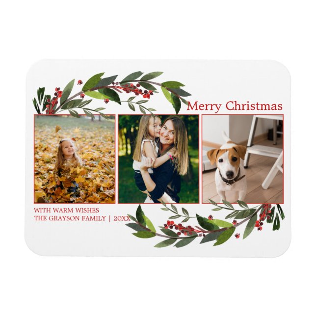 Frohe Weihnachts Foto Collage Wasserfarbe Florals Magnet (Horizontal)