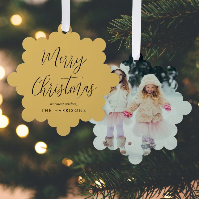 Frohe Weihnachts-Foto Gold Feiertag Ornament Karte (Share the love and warmth of the holiday season with a photo paper ornament card)