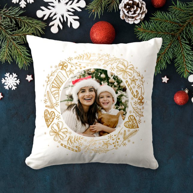 Frohe Weihnachts-Foto-Goldkranz Kissen (Von Creator hochgeladen)