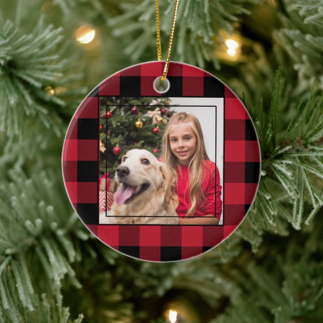 Frohe Weihnachts-Foto Rot und Schwarz Buffalo Kari Keramik Ornament (Baum)