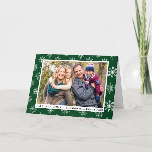 Frohe Weihnachts-Foto Schneeflocken Grün Feiertagskarte (Vorderseite)