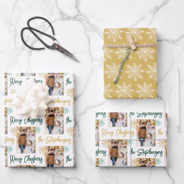 Frohe Weihnachts Foto Script Name Gold Green Geschenkpapier Set (Vorderseite)