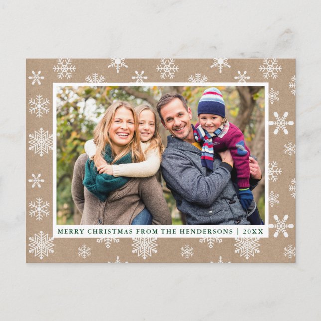 Frohe Weihnachts-Foto Snowflakes Kraft Postkarte (Vorderseite)