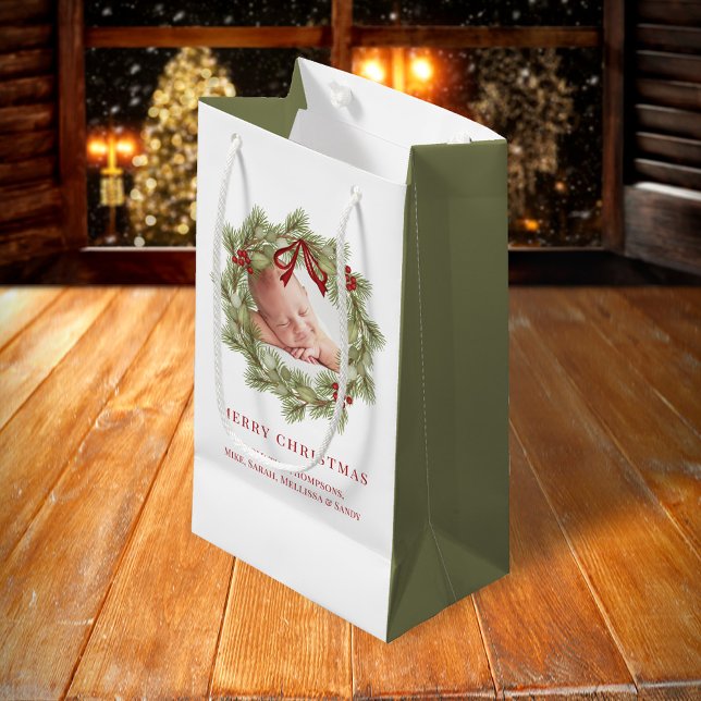 Frohe Weihnachts-Foto Wasserfarbenwelt Kranz Kleine Geschenktüte (Merry Christmas holiday wreath greenery photo gift bag)