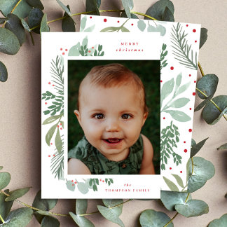 Frohe Weihnachts-Foto Watercolor Grün Botanisch Feiertagskarte